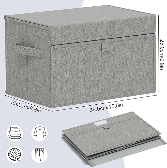 Storage Boxes with Flip Cover, Foldable Bin for Clothes, Cubes with Handles, Decorative Linen Baskets for Home, Bedroom, Closet, 15x9.8x9.8in, Grey, 2 Pack