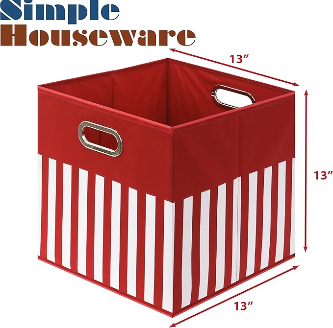 SIMPLE HOUSEWARE 13-Inch Collapsible Fabric Cube Storage Bin with Handles, Printed Design, 3 Pack, Red