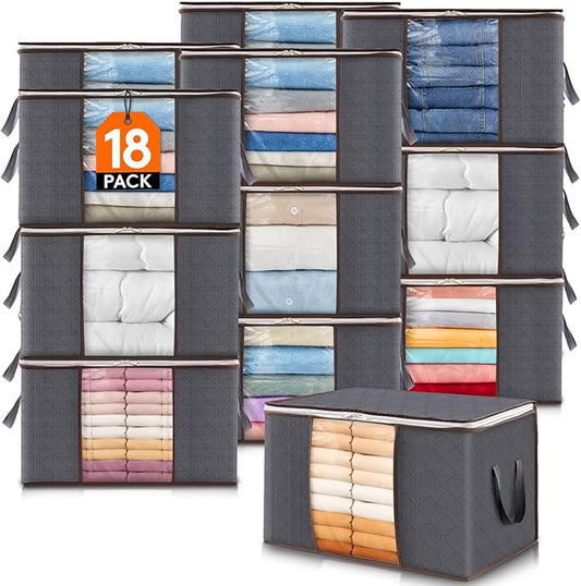 Lifewit 18 Pack 60L Clothes Storage Bins with Lids, Foldable Blanket Storage Bags with Zippers, Clear Window and Reinforced Handles, Closet and Organization for Clothing, Sweater, Comforter, Bedding