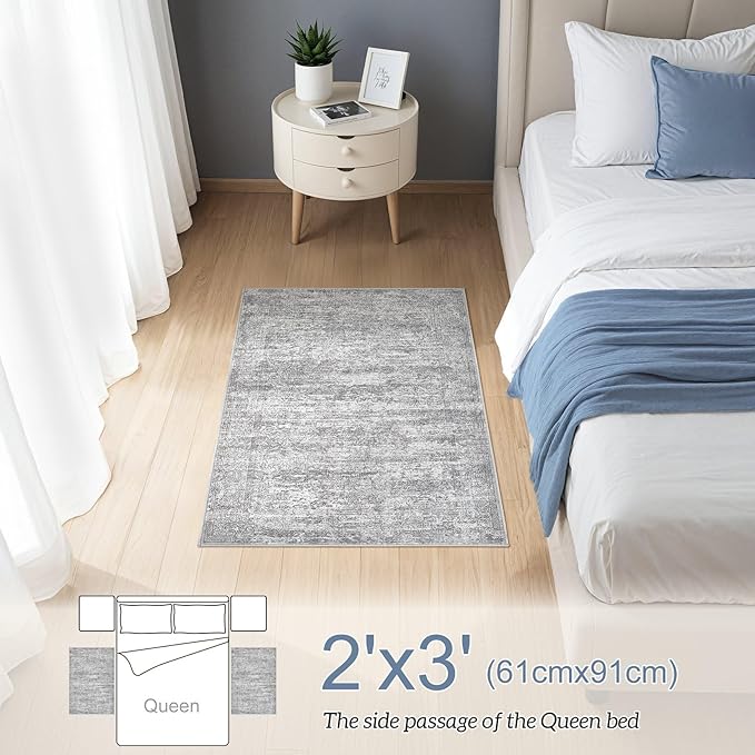 2x3 Entryway Area Rug: Washable Neutral Modern Abstract Small Rug - Non-Slip Low Pile Throw Indoor Carpet for Entrance Kitchen Front Door Mat Bathroom Entry Kids Room - Vintage Grey