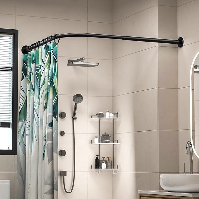 Corner Shower Curtain Rod Adjustable Stainless Steel L Shaped Rack Drill Free Install for Bathroom, Bathtub, Clothing Store (Black, 27"-39"x27"-39")