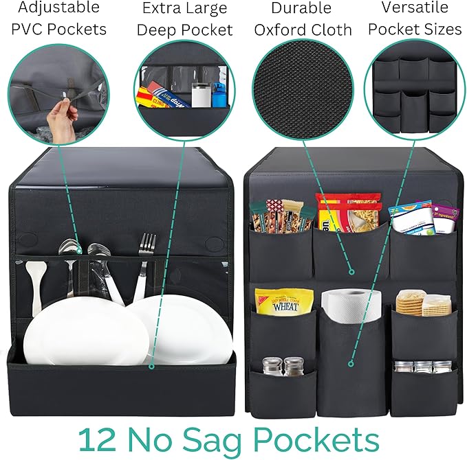 Mini Fridge Organizer - Over Fridge Organizer with Large Pockets and Dividers for Utensils, Pantry Items, Paper Towel, Snacks - College Essentials Dorm - Over Fridge Storage (Black)…