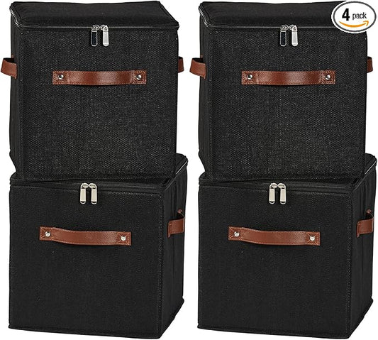 4PCS Storage Cubes with Lid Fabric Storage Bins Boxes PU Leather Handles Cotton Linen Closet Organizer Container Decorative Foldable Washable Shelf Cloth Basket (Zipper Lid, Black, 11in)