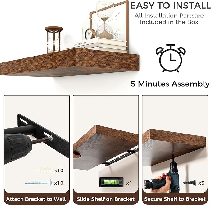Floating Shelves for Wall, 36 Inch Wide x 12 Inch Deep Floating Shelves, Long Wood Floating Wall Shelf Shelves for Living Room Bathroom Bedroom Kitchen Home - (Brown, 36" W x 12" D x 2" H)