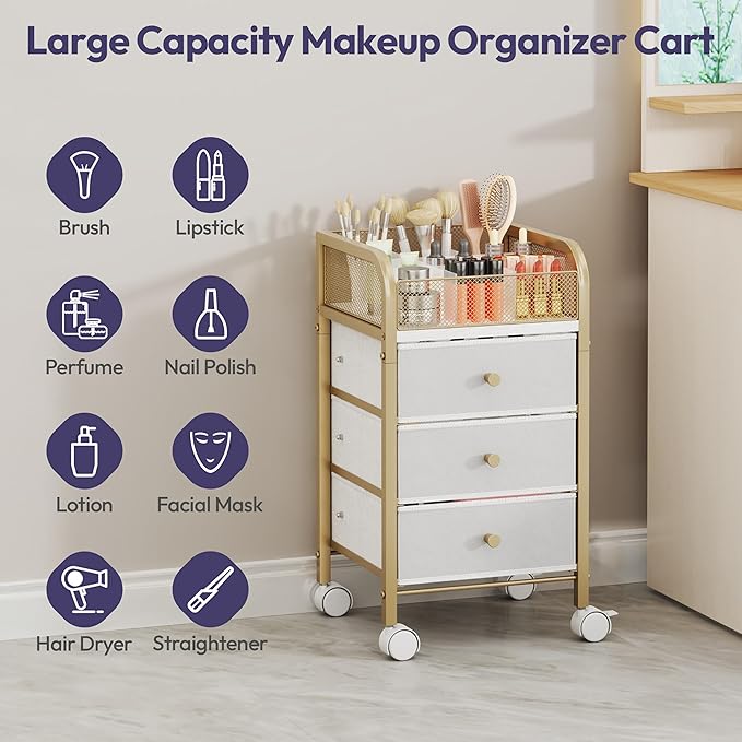 SWTYMIKI Rolling Makeup Organizer Cart - Floor Skincare Make Up Storage with 3 Non-woven Drawers, Vanity Organizer Cosmetic Display Cases Cabinet for Skin Care Perfume Nail Polish Brush Hair Tool