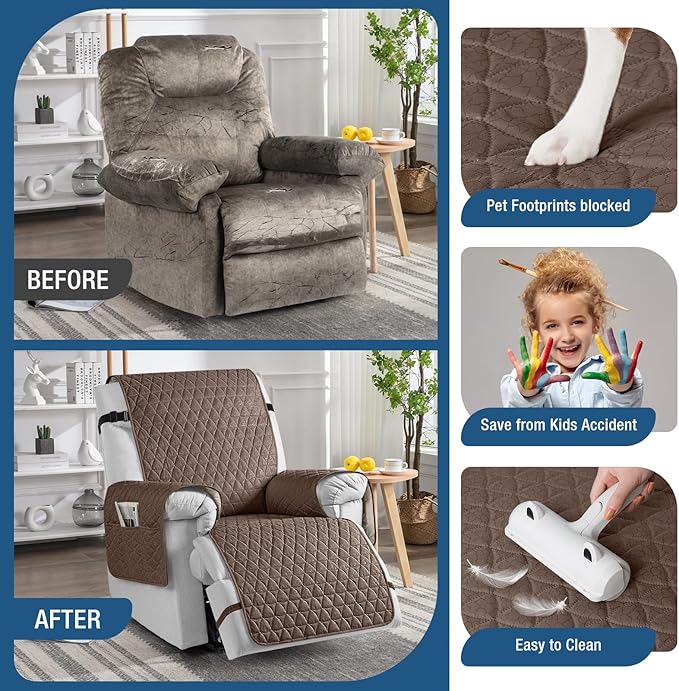 TAOCOCO 100% Waterproof Recliner Cover - Recliner Cover with Non-Slip Granule, Recliner Chair Covers with Elastic Band, Recliner Chair Covers for Reclining Chair(Brown, Oversized-30'')