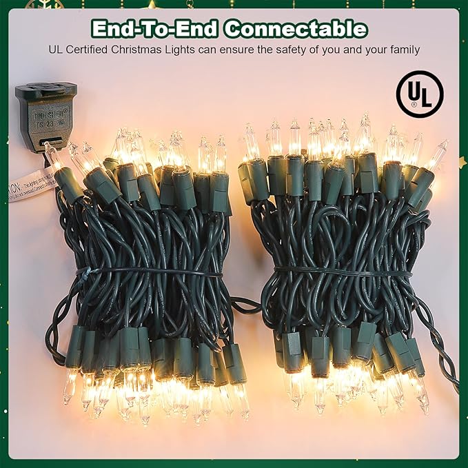 Christmas Lights 2 PCS 100 Count Clear Mini Lights Green Wire UL Certified Connectable Warm White String Lights for Christmas Decor (2 PCS 100 Count)