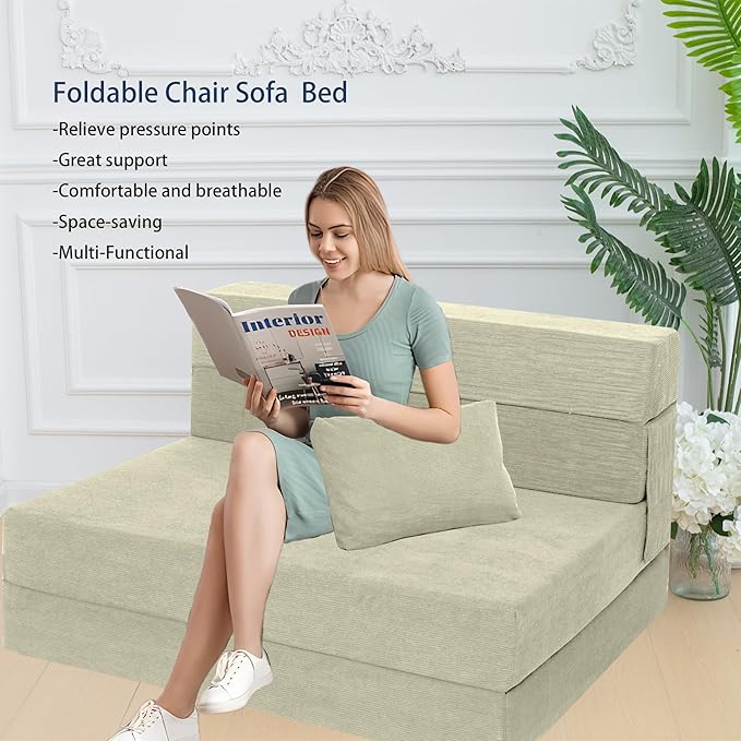 Sofa Bed Foldable Mattress ，Folding Sleeper Sofa Chair Bed Floor Mattress with Pillow for Living Room Home Office (Off White- Corduroy, Twin XL)