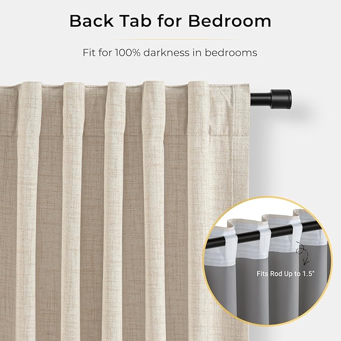 INOVADAY 100% Blackout Curtains for Bedroom, Black Out Curtains 90 Inch Long, Clip Rings Linen Blackout Drapes, Thermal Insulated Room Darkening for Living Room, 2 Panels - Cream,W50xL90