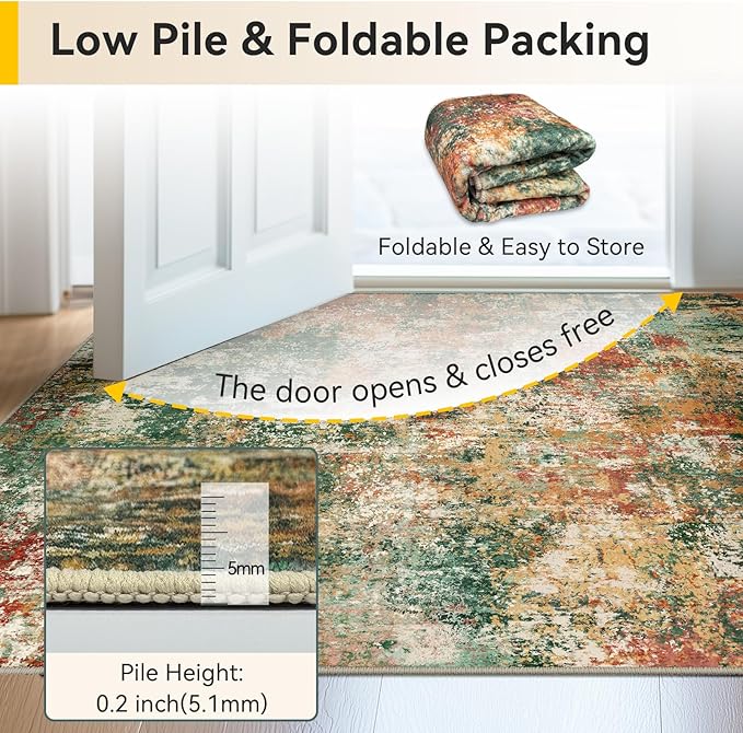 Washable Area Rugs 10'x14 Non-Slip Modern Abstract Soft for Living Room Entryway Bedroom Nursery, Print Pattern, Green Orange Rust Red Cream Colorful