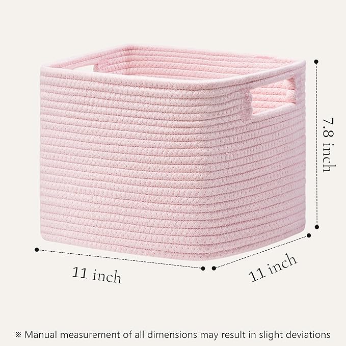 UBBCARE Storage Cubes 4 Pack, 11x 11x 7.8 Cube Storage Bin with Handles, Cotton Rope Baskets for Organizing, Woven Baskets for Shelf, Baby Nursery, Toy Storage, Closet, Classroom, Pink