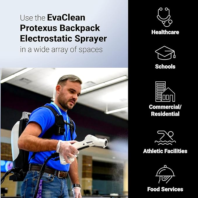 Protexus PX300 Backpack Electrostatic Sprayer Cordless Coverage, 4hr Rechargeable 16.8V Battery - 4 Ft Hose, 2.25 Gallon Tank, 60-Micron Nozzle