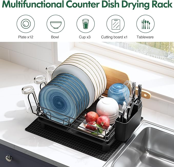JASIWAY Black Stainless Steel Dish Drainers Drying Rack for Kitchen Counter with Drainboard, Rust Proof Metal, Space Saving, Modern Aesthetic, Compact Plates Strainers with Extra Mat