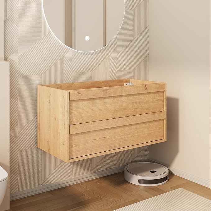 eclife 36" Floating Bathroom Vanity Sink Combo, Wall Mounted Modern Minimalist Storage Cabinet with 2 Drawers, Exclude Sink, Faucet & Drain, Natrual