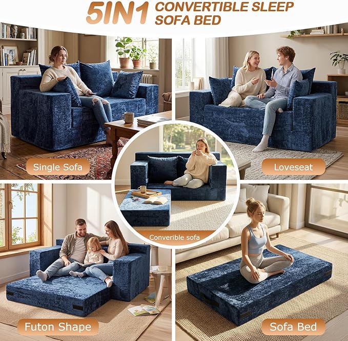 Convertible Sofa Bed, 5 in 1 Small Boneless Couch Pull Out Loveseat Sleeper Sofa,Corduroy Futon Couch Folding Mattress with 4 Pillows for Living Room Bedroom Lounge (No Assembly)
