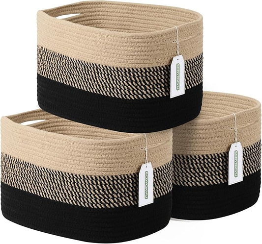 Cotton Rope Storage Basket, 15x10x9 Inches, Woven Basket for Shelves, Clothes, Towels, Books, and Laundry, Gradient Black/Brown (3 Pack)