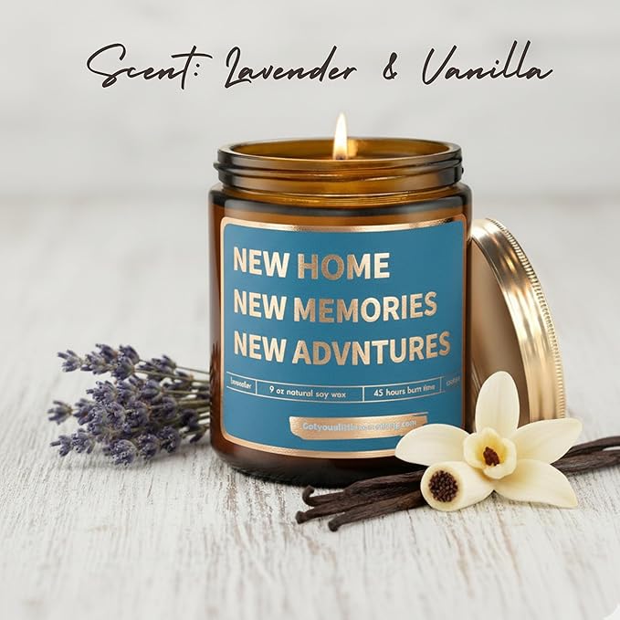 House Warming Gift for New Home | Lavender Vanilla Scented Candle, 100% Soy Wax, Long Burn Time | Cute Housewarming Gift Idea for Women, Men, Friends, Neighbors for New Apartment, First Time Homeowner