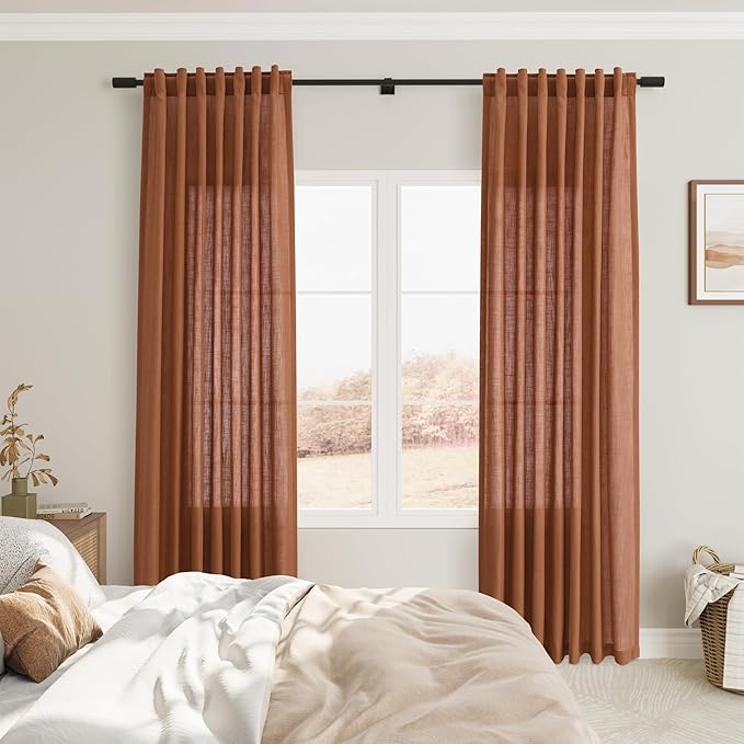 Joywell Terracotta Back Tab Linen Curtains 90 Inches Long 2 Panels for Living Room Bedroom Neutral Boho Farmhouse Rustic Light Filtering Semi Sheer Curtains Window Treatment 52x90