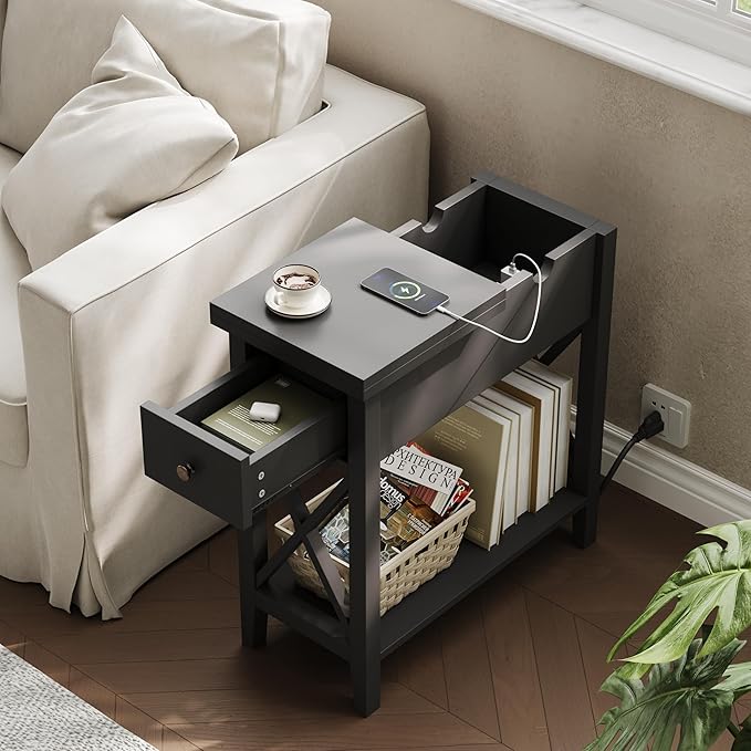 ChooChoo End Table with Charging Station, Narrow Side Table with USB Ports and Outlets, Nightstand with Drawer, for Small Spaces, Bedside Tables for Living Room, Black