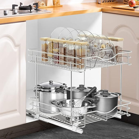 FULGENTE Professional Pull Out Cabinet Organizer Rack for Lid Cookware 14" W x 18" D 2 Tier Slide Out Kitchen Cupboard Under Sink Shelves Storage Pullout Pan Pot Organizer Wire Frame Chrome Finish