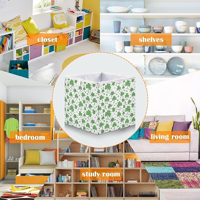 Bolaz St Patricks Day Clover Closet Organizers Storage Cubes Storage Bins Shelf Baskets Containers for Home Room Office,Square