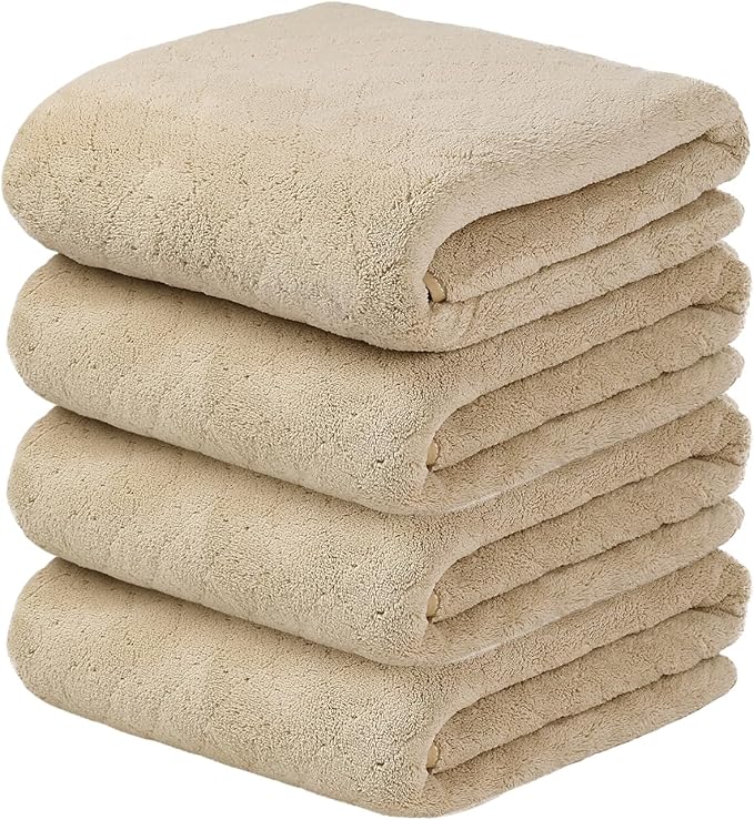 Bath Towels, Pack of 4, 30"x60", Large Microfiber Towel Set, Ultra Soft, Super Absorbent, Fast Drying, Perfect for Sauna, Shower, Pool, Sport, Travel, Fitness, SPA,Yoga, Coral Fleece - Camel