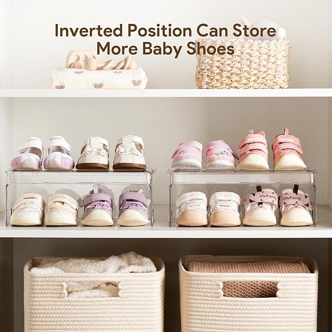 HBlife Clear Acrylic Kids Shoe Rack Baby Toddler Shoe Storage Organizer for Closet Floor Entryway Bedroom, 2 Tier Stackable Small Shoe Rack Shelf Display Stand