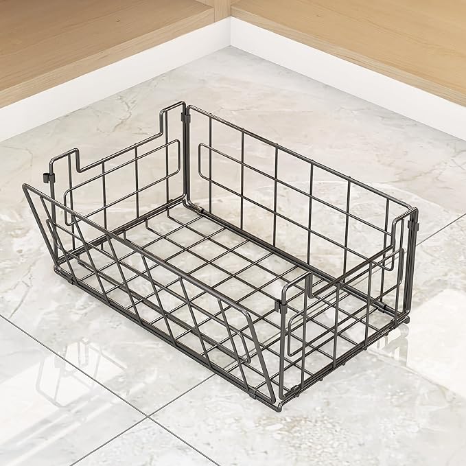 2 Pack Wire Baskets for Pantry Kitchen Organization,13.8inch Large Foldable Snack Storage Organizer Cabinets Freezer, Office,Bathroom,Closets Metal Basket Bin with Handle, 35x21.5x16 cm