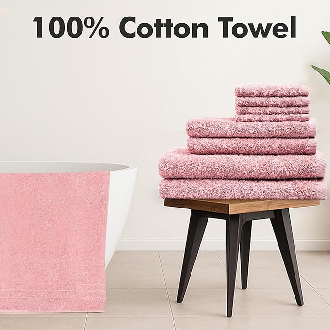 Bath Towels Set of 8 – 100% Cotton (Baby Pink) Bathroom Towel Set Bale Includes 2 Bath, 2 Hand, 4 Face Towels – Soft, Absorbent & Quick Dry Towel for Bathroom, Spa, Kitchen, Hotel Use
