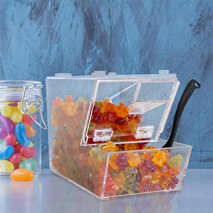 Candy Bin Topping Dispenser - Acrylic Bulk Sprinkle Container with Scoop, Stackable & Magnetic for Multiple Holders - For Cereal, Nuts, Candies & Snack Food Storage - 2 Pack
