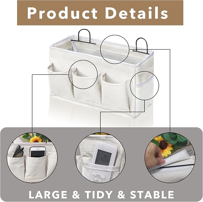 Wall Hanging Organizer Bag, 2-Pack Linen Storage Baskets with Pockets, WallHanging Storage Basket for Bedroom, Kitchen, Office, RV Camper (White-2pcs)
