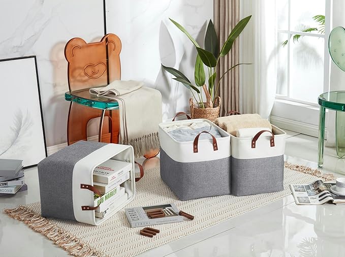 DECOMOMO Extra Large Storage Baskets, Fabric Storage Bins with Handles for Organizing Shelves, Toys, Nursery, Laundry (Slate Grey & White, 3pcs)