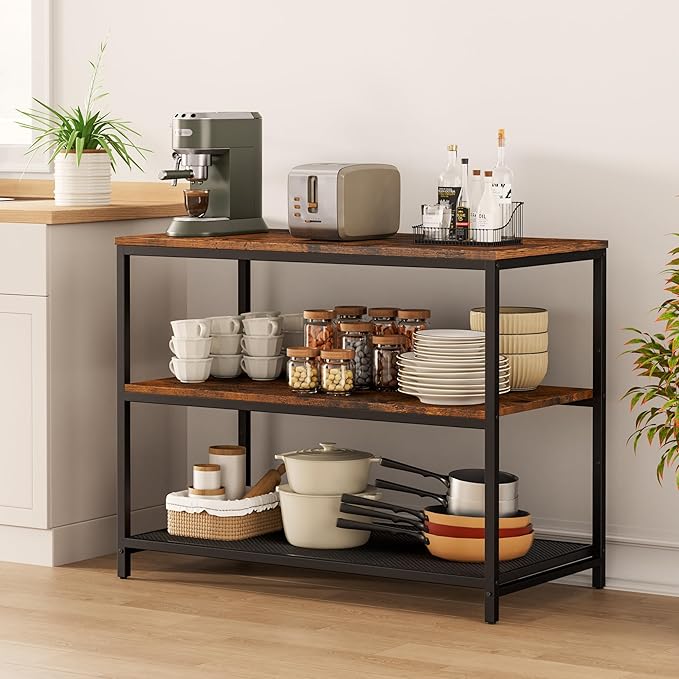 39.4" L Kitchen Island with 3 Shelves, Kitchen Shelf with Large Workstation, Bakers Rack, Workbench, Metal Frame, Rustic Brown and Black