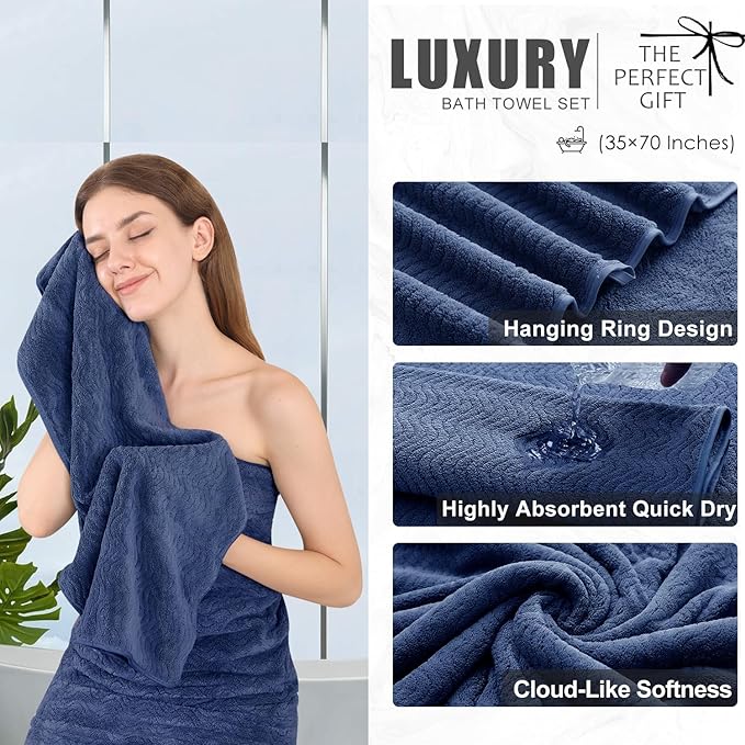 8 Piece Bath Towel Set Navy — 2 Oversized Large Bath Sheet,2 Hand Towels,4 Washcloths — Ultra Soft Cozy Bath Towel Set for Bathroom Hotel Gym Spa,Highly Absorbent & Quick Dry Bathroom Towel Collections