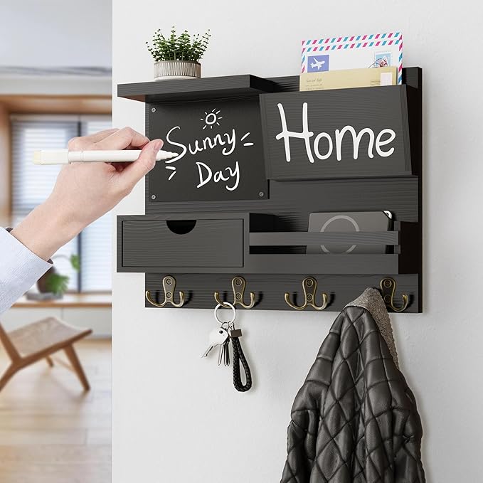 Farmhouse Key Holder for Wall with Mail Organizer - Easy Installation Wall Mount Organizer, Includes Chalkboard, Drawer, Wallet Holder & 4 Double Hooks, Ideal for Entryway, Quick Access - Black