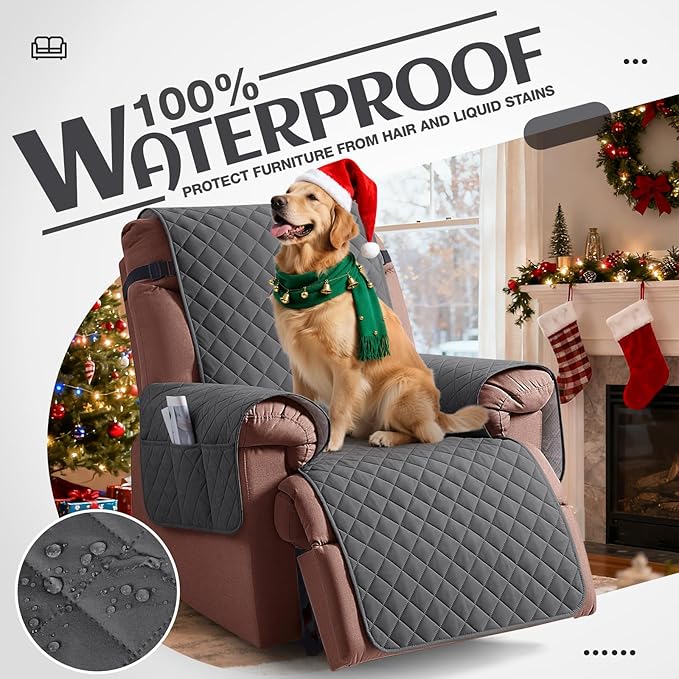 KinCam 100% Waterproof Recliner Chair Cover, Reclining Couch Covers for Pets, Dogs, Recliner Couch Slipcover Furniture Protector with Elastic Straps for Kids(25", Charcoal Gray)