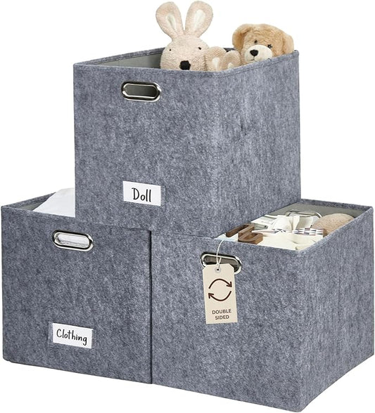 DECOMOMO Felt Storage Bins 13x15x13 Storage Cube Bins with Labels, Baskets for Organizing Shelves (Kallax / 3pcs, Dark Grey)