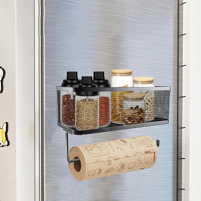 2 Tier Magnetic Paper Towel Holder Wall Mount for Fridge,Metal Mesh Magnetic Spice Rack with Paper Towel Rack Storage Organizer Refrigerators Shelf,No Drilling Removable for Kitchen,Bathroom