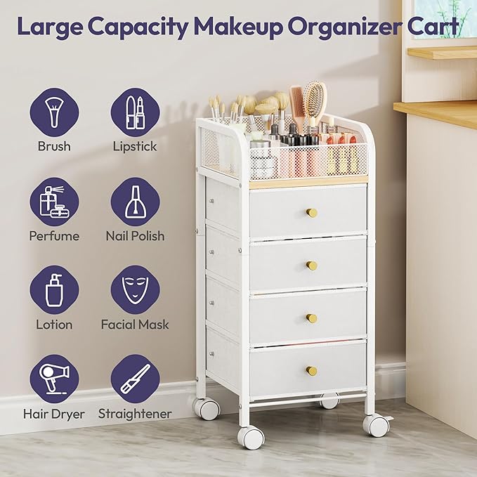 SWTYMIKI Rolling Makeup Organizer Cart - Floor Skincare Make Up Storage with 4 Non-woven Drawers, Vanity Organizer Cosmetic Display Cases Cabinet for Skin Care Perfume Nail Polish Brush Hair Tool