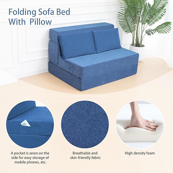 Folding Sofa Bed Chair with Pillow,Convertible Fold Out Chair Bed Sleeper,Foam Floor Mattress, Foldable Futon Couch Bed for Living Room/Dorm/Guest/Office (Blue, Twin)