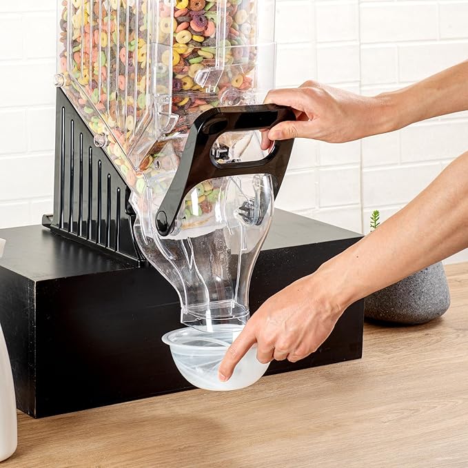 Restaurantware Cereal Dispenser 3.5 gal Plastic Gravity Bin Candy Dispenser Self-Serve Black Dry Food with Stand for Breakfast Buffet or Hotel Use