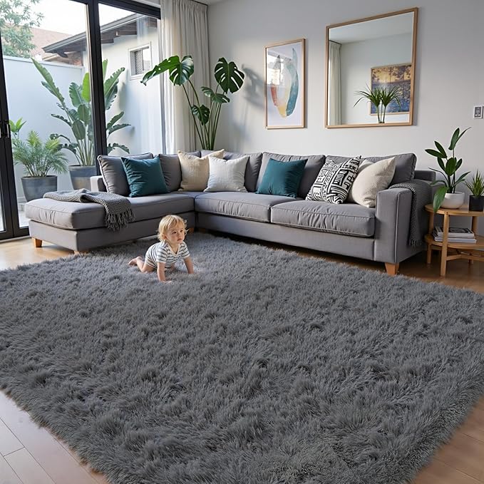 Fluffy Rug Shaggy Area Rug, Dark Grey 8x10 Area Rugs for Living Room, Large Shag Area Rugs for Bedroom Kids Room Home Decor, Upgrade Anti-Skid Rectangular Fuzzy Rugs