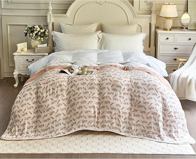 SANACYNA Muslin Blankets 100% Cotton 6-Layer Gauze Floral Throw Blanket Lightweight Soft and Breathable Bed Blanket for Sofa Bed Coverlet Both Sides (Floral, Throw 50"x60")