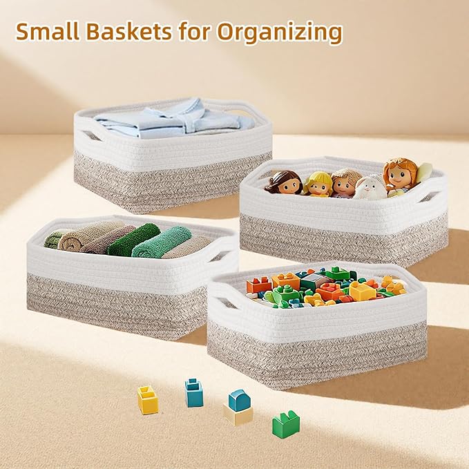 4 Pack Storage Baskets for Organizing, Small Storage Bins for Shelves, Woven Cotton Rope Baskets with Handles, Organizer Baskets for Gifts Empty, 12''Lx8''Wx4.5''H (Gradient Brown)