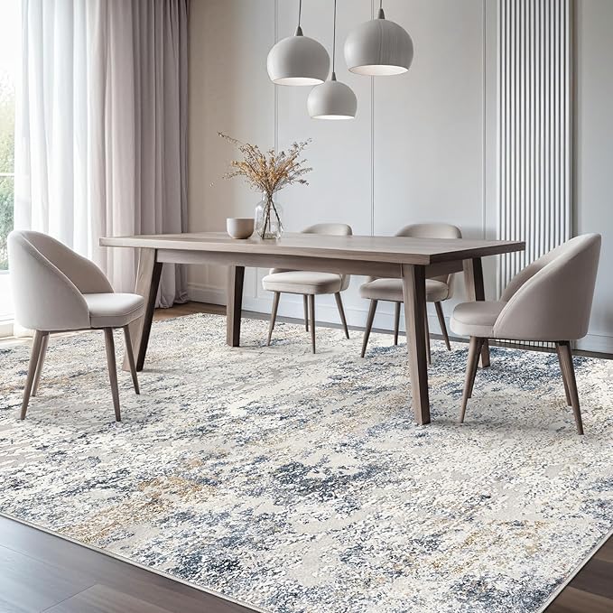 Area Rug Living Room Rugs - 8x10 Thickened Large Soft Indoor Neutral Modern Abstract Low Pile Washable Rug Carpet for Bedroom Dining Room Farmhouse Home Office - Beige Blue