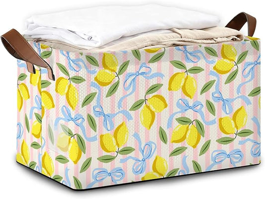 32L Large Storage Bins with Handles, Watercolor Fruit Basket Organizer for Shelves, Closet, Books, Laundry & Home Decor (Lemons)