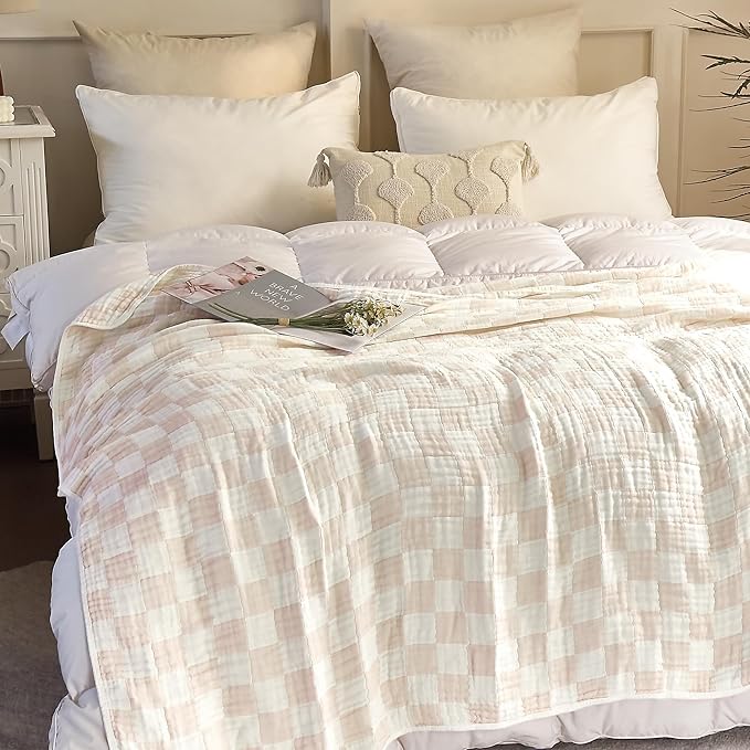 SANACYNA Queen Muslin Blankets for Adults 100% Cotton 6-Layer Gauze Cream Checkered Bed Blanket Lightweight Soft Breathable Blanket for Sofa Bed Coverlet (Cream, Queen 90" X 90")