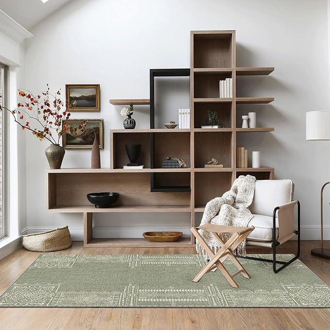 NICETOWN Sage Green Rug 2x3 Entryway Small Carpet Washable Thin Geometric Area Rug with Rubber Backing - 2x3 Boho Non-Slip Foyer Carpet for Kitchen Laundry Bathroom Bedroom