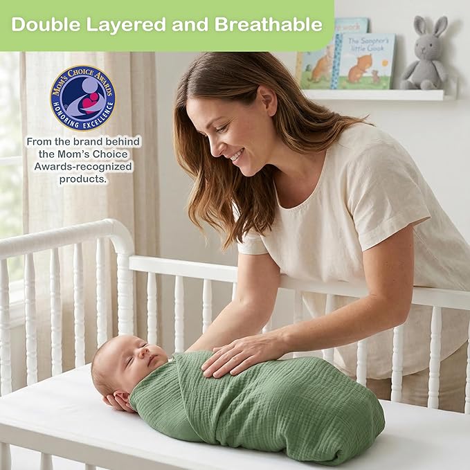 Organic Cotton Muslin Baby Blanket - 47x47 Inch Breathable Swaddle, Hypoallergenic Double-Layer, Versatile Use (Green/Ivory/Floral, 38x40 Inch)