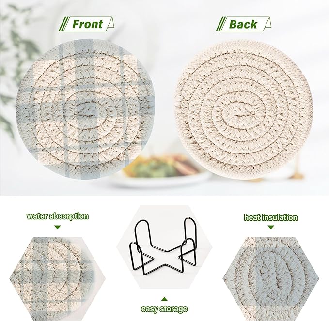Minimalist Home Decor for Coffee Table, Kitchen, Drink Coasters, Blue Gingham Stripes Handmade Cotton Absorbent Coaster Set of 6, Housewarming and Wedding Registry Ideas